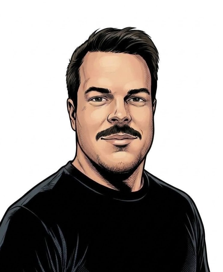 Beat als Comicfigur: dunkles Haar, Schnauz, verschmitztes Lächeln und schwarzes T-Shirt